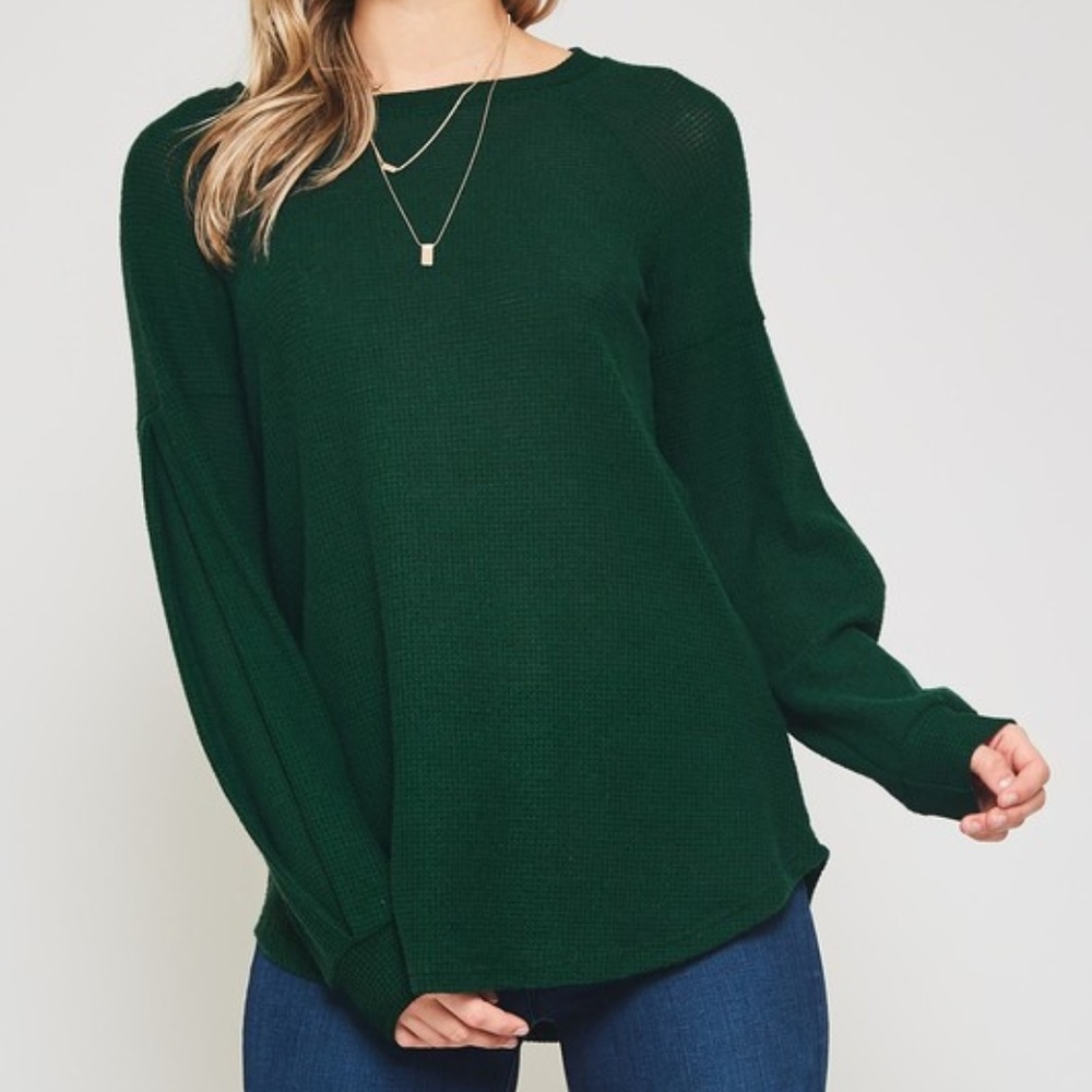 Waffle Knit Hunter Green Long-Sleeved Top